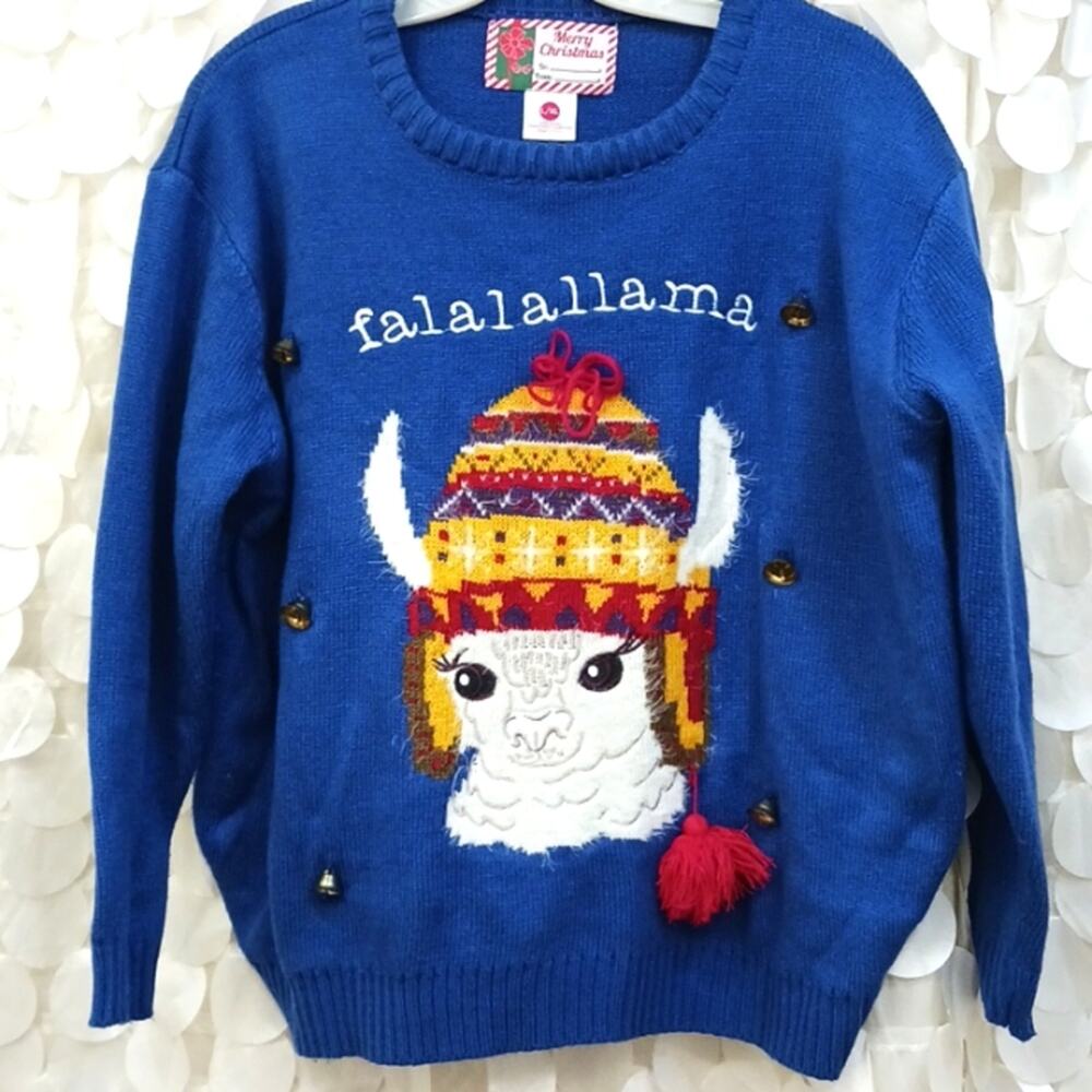REALLY UGLY Crazy LLAMA Christmas Sweater Sz L/XL Blue Embroidered Falalallama‎